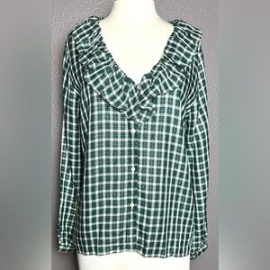 Ann Taylor Blouse Women’s M Green White Metallic Plaid Ruffle Flowy Classic Boho
